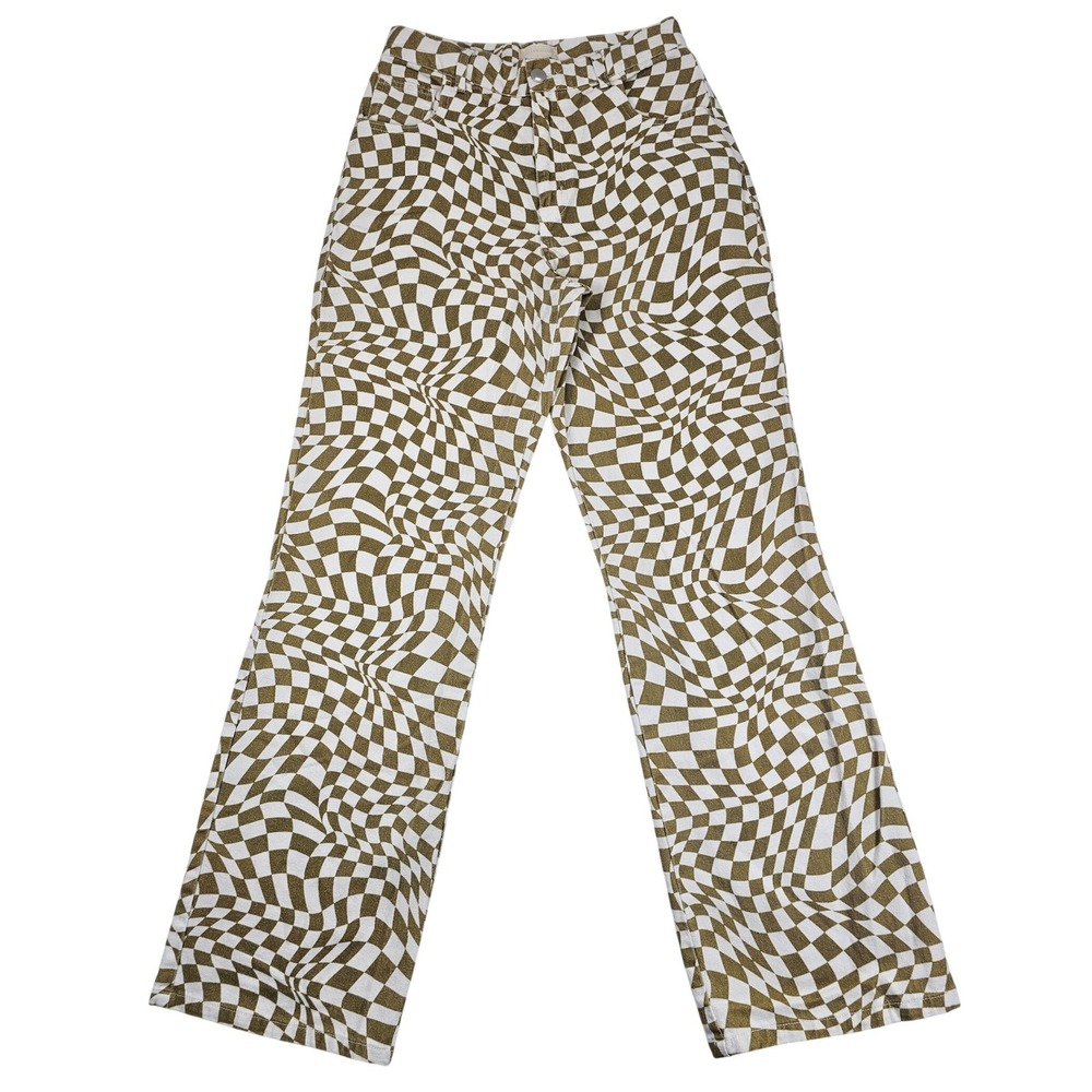 Altar'd State Wavy Checkerboard High Rise Wide Leg Jeans Gold White Small Kooky